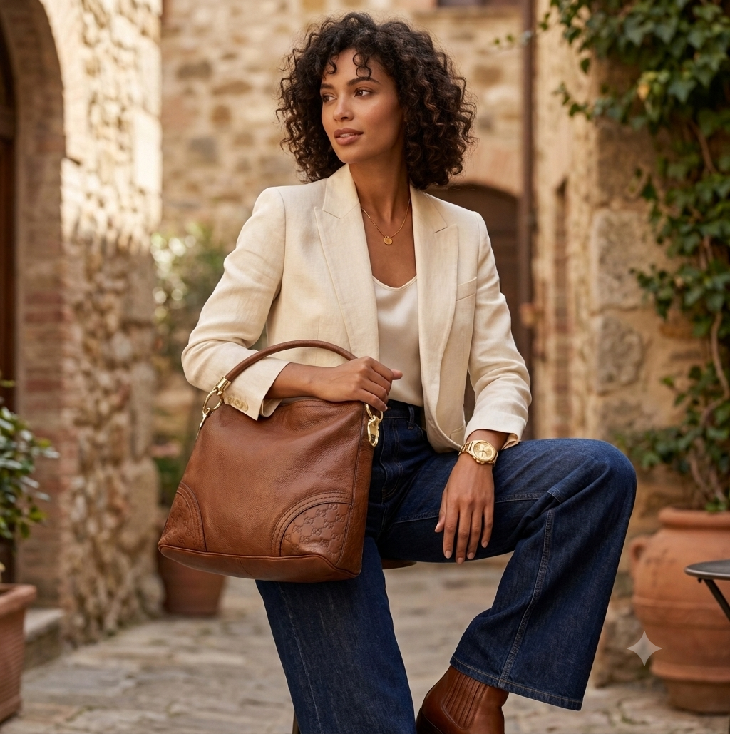 Gucci Guccissima GG Style-Vintage Brown Leather Shoulder Bag