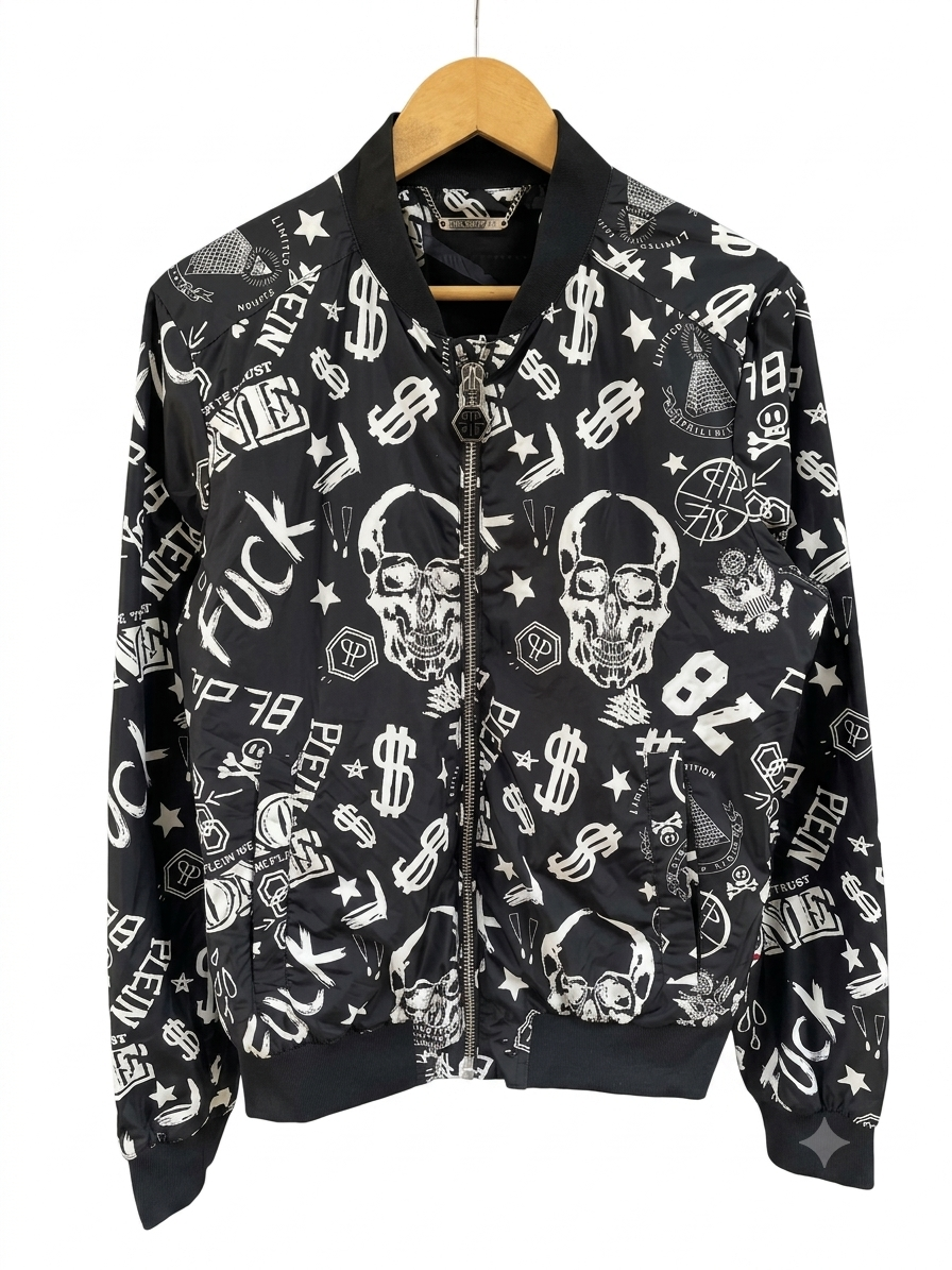Philipp Plein Black Graphic Print Zip-Up Knit Sweater – Men's