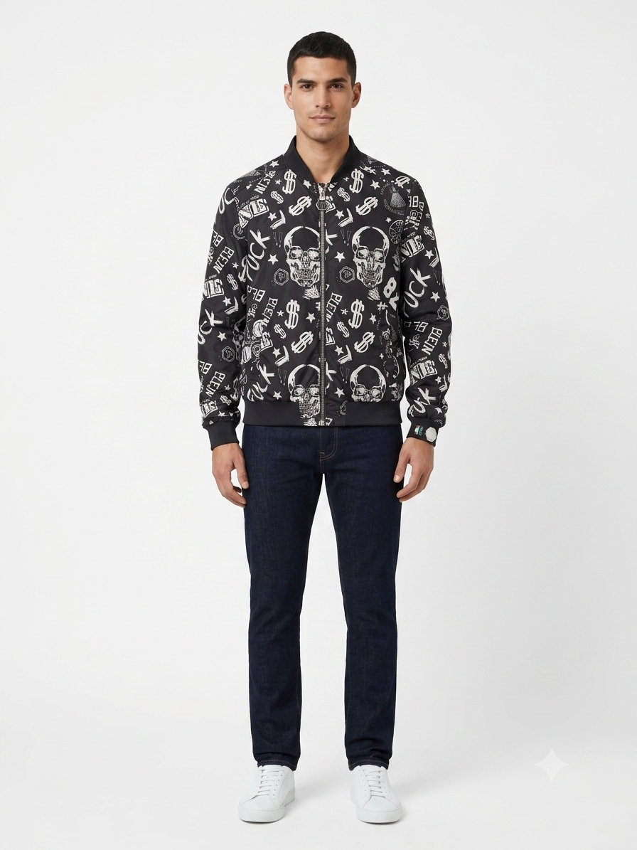 Philipp Plein Black Graphic Print Zip-Up Knit Sweater – Men's