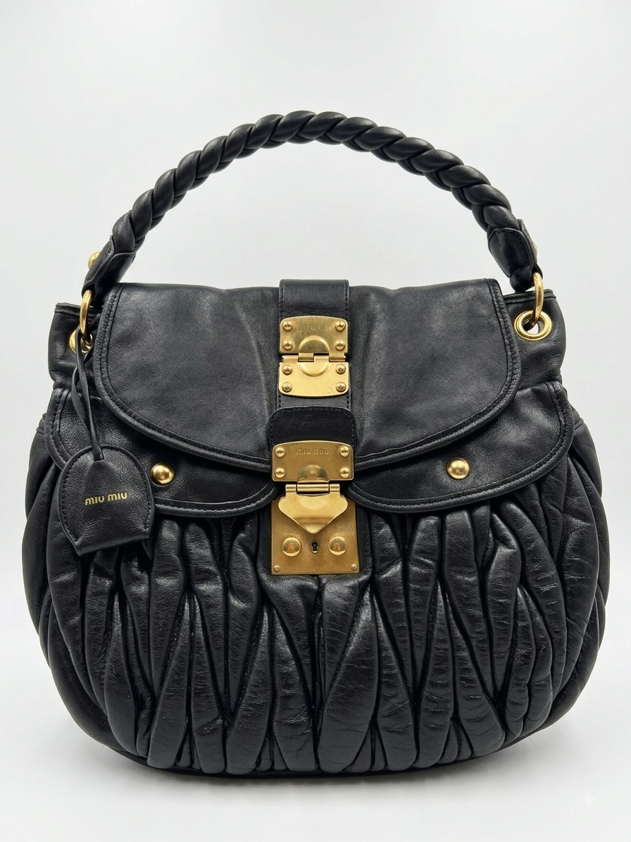 Miu Miu Black Matelassé Leather Top Handle Bag – Gold Hardware – Pre-Owned