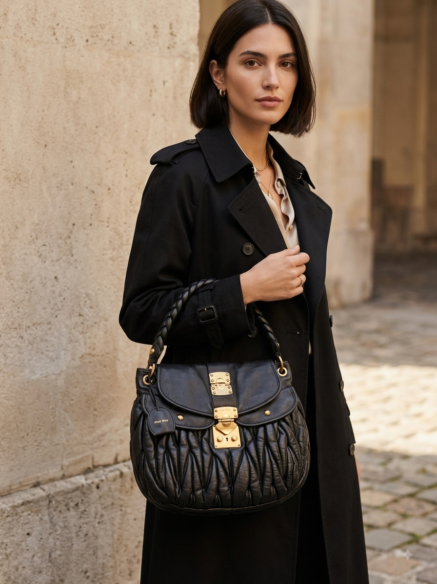 Miu Miu Black Matelassé Leather Top Handle Bag – Gold Hardware – Pre-Owned